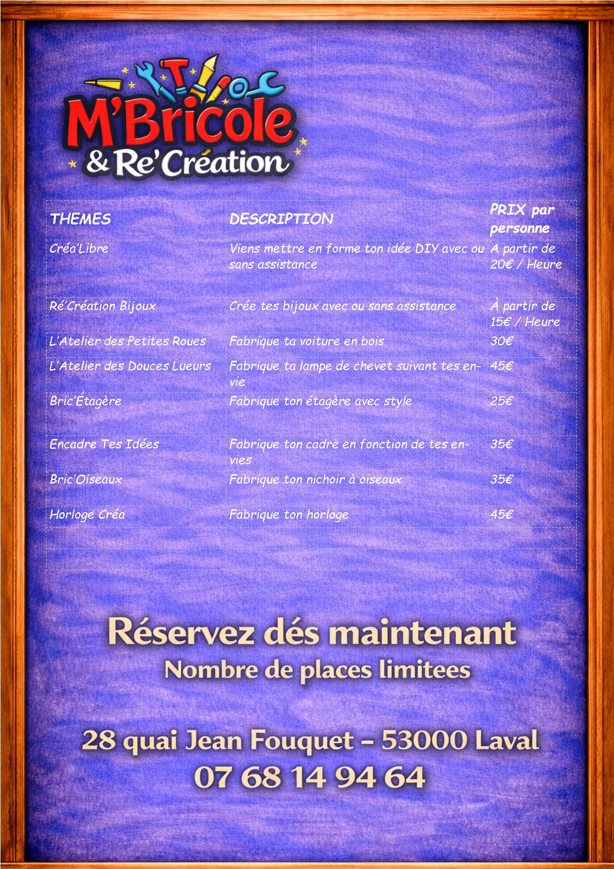 Menu de nos différents ateliers